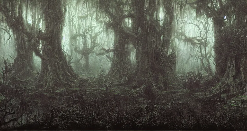 Image similar to A dense and dark enchanted forest with a swamp, by john howe