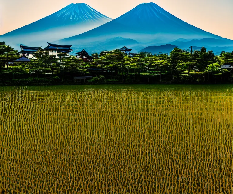 Image similar to a photo of mount fuji, japanese landscape, rice paddies, seen from a window of a train. cinematic lighting.