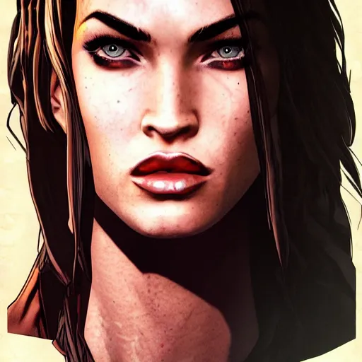 Prompt: megan fox portrait, borderlands, tales from the borderlands, the wolf among us, comic, cinematic lighting, studio quality, 8 k