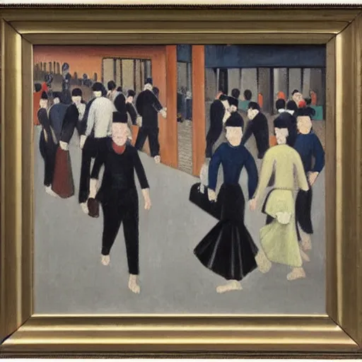 Image similar to painting of commuters heading to the central business district of singapore, painted by laurence stephen lowry, oil on canvas, national gallery