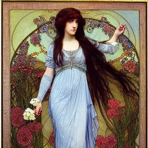 Prompt: Symmetric Pre-Raphaelite painting of a beautiful woman with dark hair in a transparent silk light blue dress, surrounded by a halo frame of flowers and a highly detailed mathematical drawings of neural networks and geometry by Doré and Mucha, by John William Waterhouse, Pre-Raphaelite painting