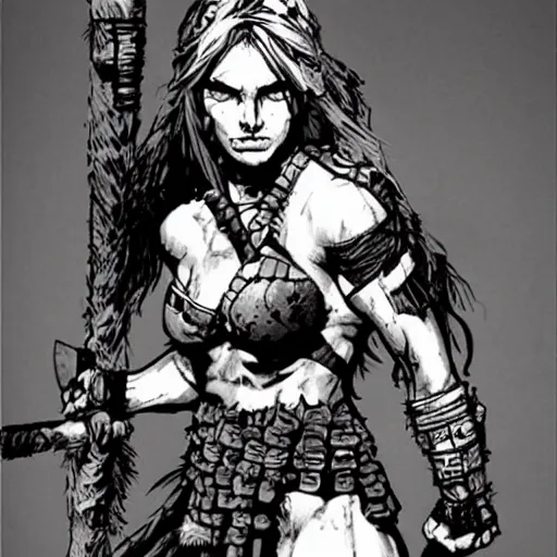 Image similar to very beautiful female barbarian, looking fierce, perfect face, perfect body drawn by ashley wood