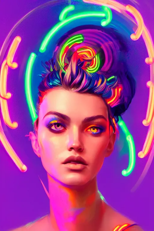 Image similar to a award winning portrait of a beautiful woman with stunning eyes in a one off shoulder crop top and cargo pants with rainbow colored hair, outlined by whirling illuminated neon lines and fine lines swirling in circles by greg rutkowski, digital art, trending on artstation