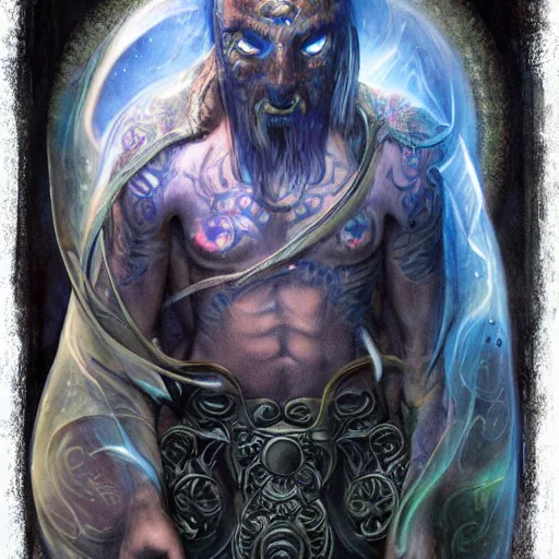 Prompt: a WLOP 3d render of Very very very very highly detailed mystic, enigmatic, strange portrait of a phantom warrior with galaxy, tattoos by Anton Pieck, intricate, extremely detailed, digital painting, artstation, concept art, smooth, sharp focus, illustration, intimidating lighting, incredible art,