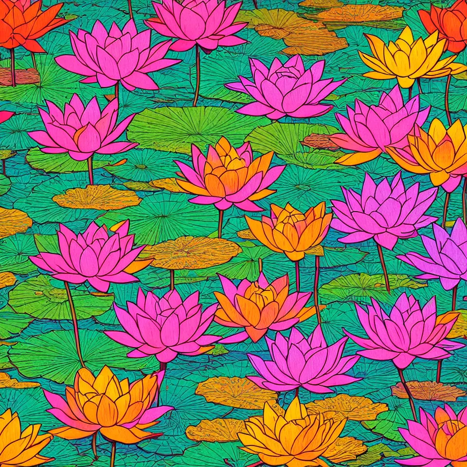 Prompt: colorful print of lotus nymphaea bunched botanical artwork, multicolor lino block print with vignettes, created by mike mignola, greg hildebrandt, banksy in the style of painting toon shades, colorful ink, vibrant, pastel, color vector, smooth curves, graphical, detailed, trending in art station