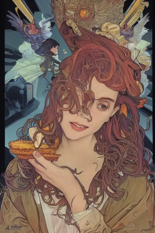 Prompt: software engineers eating chicken sandwiches, by artgerm and moebius and alphonse mucha, hyperdetailed, dc comics, explosions in the sky, trending on deviantart