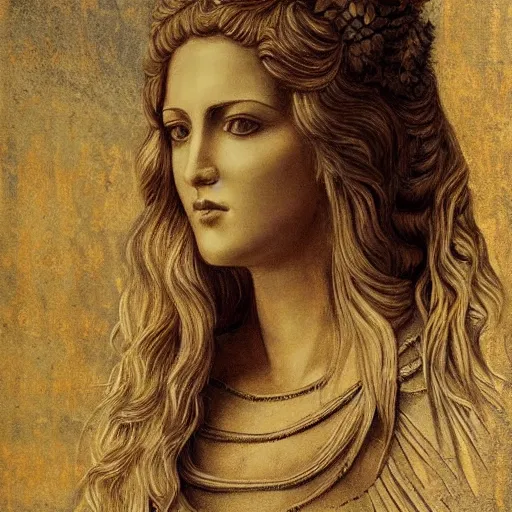 Image similar to portrait of a greek goddess of wisdom, fantasy, majestic, somber very detailed long hair