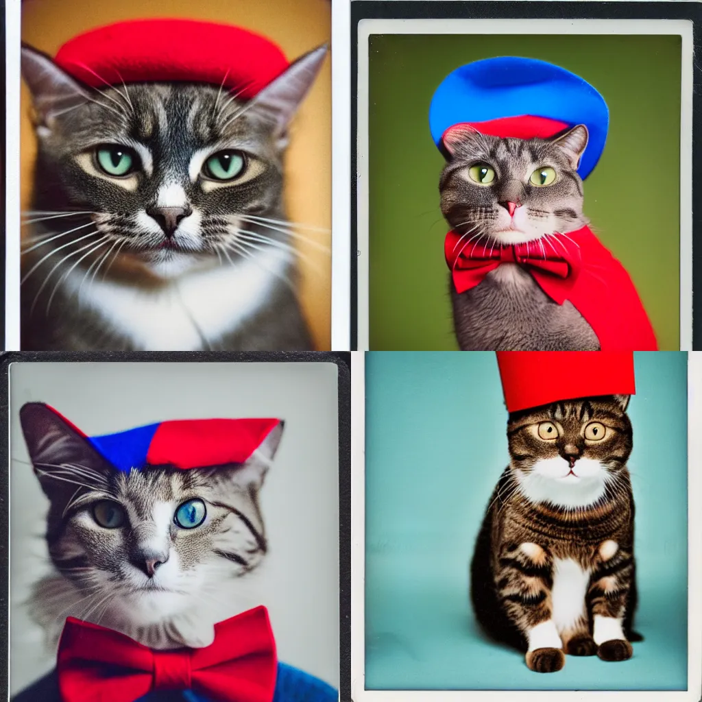 Prompt: a polaroid picture of a cat that is wearing a red cap and a blue bowtie