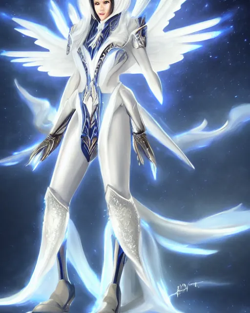 Image similar to regal white haired attractive egyptian goddess with huge white dove wings, warframe armor, beautiful, symmetric, dreamy, half asian, pretty face, blue eyes, detailed, scifi platform, laboratory, experiment, 4 k, ultra realistic, epic lighting, android body, illuminated, cinematic, masterpiece, art by akihito tsukushi, voidstar