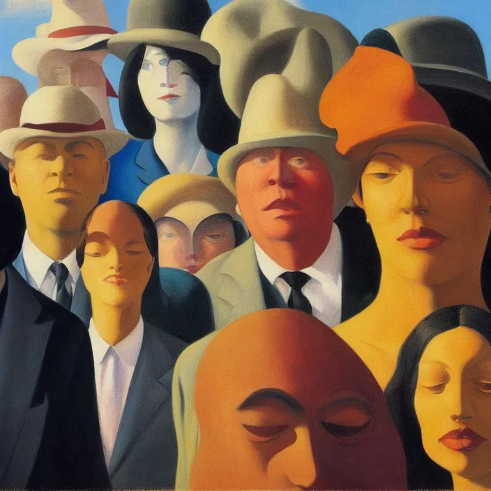 Prompt: group of people pictured in afternoon light, close - up of the faces, surrealist oil painting by edward hopper, dora maar and rene magritte