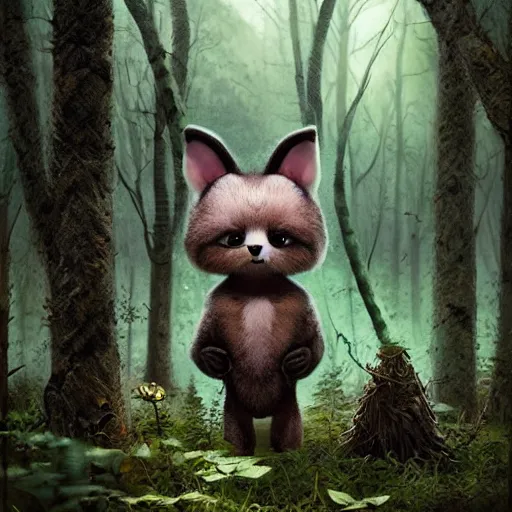 Image similar to a cute furry creature with long ears standing in a forest, michael kutsche, cinematic lighting