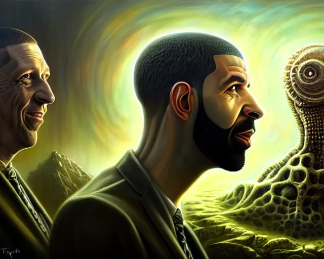 Image similar to lovecraft biopunk portrait of drake and bill gates, fractal background, by tomasz alen kopera and peter mohrbacher