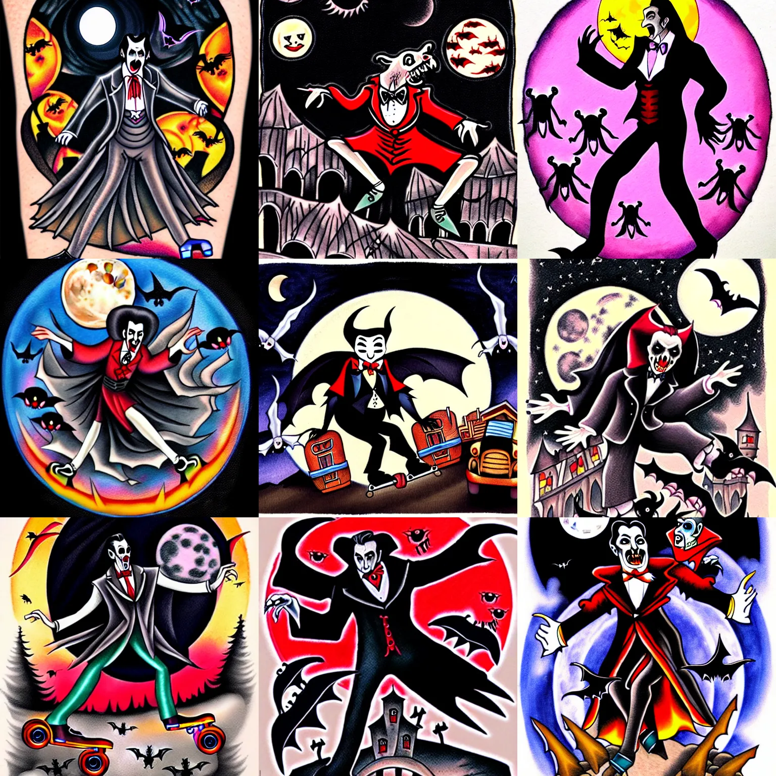 Image similar to dracula dancing on roller skates surrounded by bats and a full moon in the style of american traditional tattoo