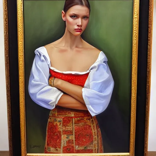 Prompt: hyperrealism oil painting of ukrainian fashion model in vyshyvanka