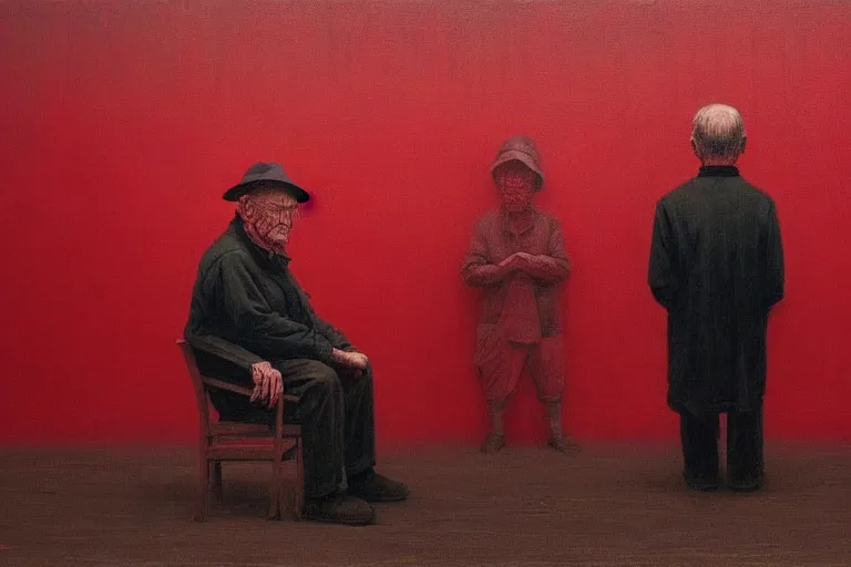 Image similar to only with red, a red old man try to sell a portrait, cheering crowd, in a old city square, in the style of beksinski, parts by edward hopper, parts by rodcenko, parts by yue minjun, intricate and epic composition, red by caravaggio, insanely quality, highly detailed, masterpiece, red light, artstation, 4 k