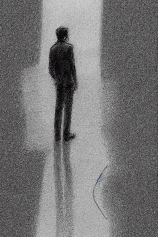 Image similar to a drawn man standing in the rain. pencil sketch.