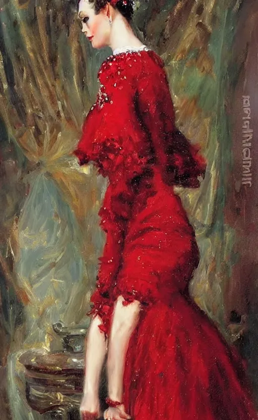 Image similar to Elegant laydy in red victorian dress. By Konstantin Razumov, highly detailded