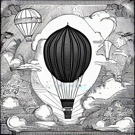 Image similar to a small victorian air balloon over a fantasy landscape, line art illustration , black and white, intricate details