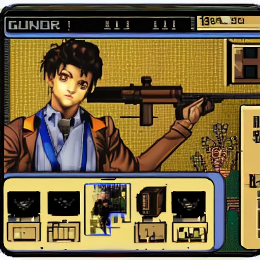 Image similar to gun dating sim, pc game from 1995, VGA,