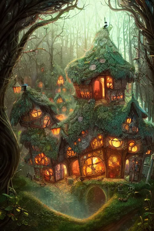 Prompt: a storybook illustration of a ramshackle multistory fairytale hut in the forest, intricate, elegant, fantasy, highly detailed, digital painting, concept art, sharp focus, artstation