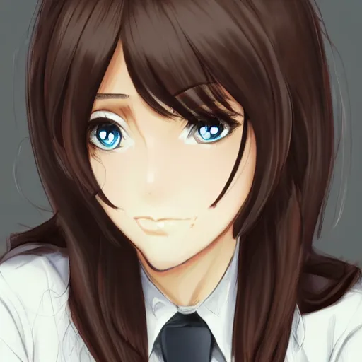 Image similar to woman in business suit, brown neat hair, animesque, pixiv, fanbox, trending on artstation, portrait, modern, sleek, highly detailed, formal, serious, determined, competent, colorized, smooth, charming, pretty, safe for work, big gooba