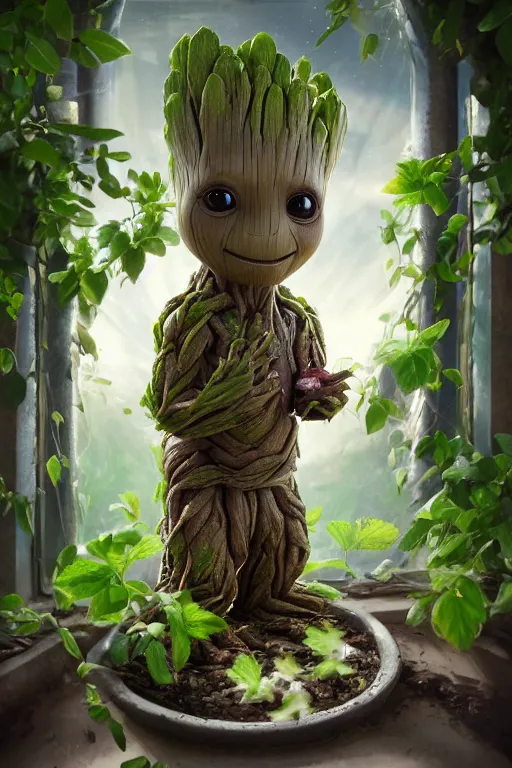 Prompt: small chubby groot - like creature, head with mandrake!! leaves!!! small flowers, in the porcelain pot!!! roots, herbology, on the table!!! in greenhouse!!!, in ray of light from the window, digital art, render, blender, matte painting, by levitan, by kinkade, by artgerm