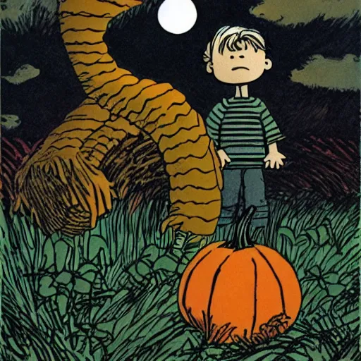 Prompt: the great pumpkin monster appears in a field and chases charlie brown and linus, dark, brooding, illustrated, award - winning, sinister,