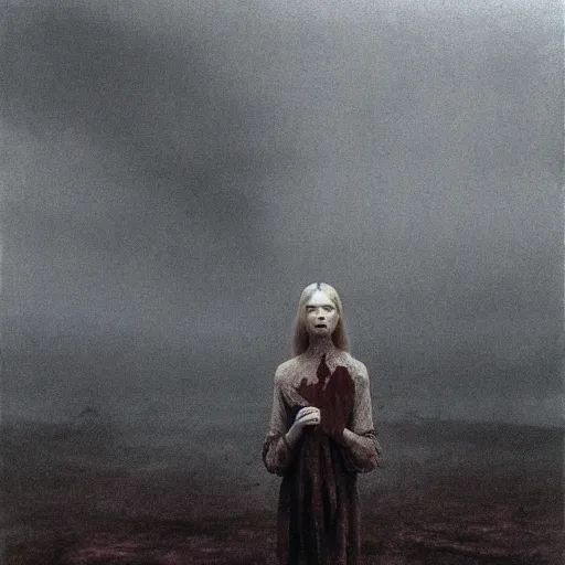 Prompt: elle fanning in prey in style of zdzisław beksinski, standing in wasteland, horror art, creepy, desolate,