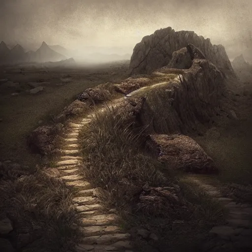 Image similar to a long winding pathway with no terrain on either side, cliffs with no bottom, creepy, gloomy, nightmare, dark rocks, dusty, sepia tones, with a mysterious dark castle at the of the path, digital art, 8 k, concept art, trending on artstation