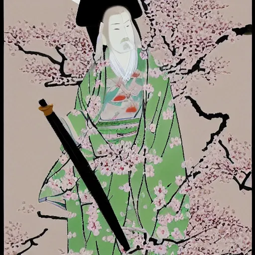 Prompt: a beautiful White cloaked Samurai Warrior with Sword Drawn in a garden of Cherry Blossom Trees :: Mystical, Magical, Supernatural :: by Tomomi Abe