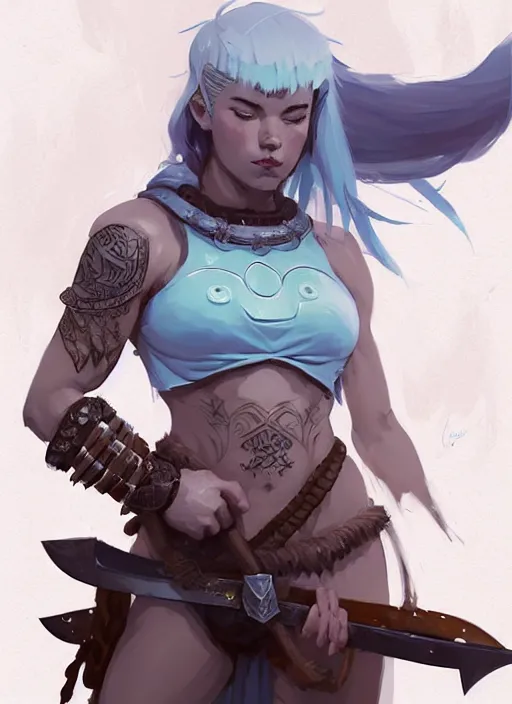Prompt: portrait of cute muscular warrior girl cowered in celtic tattoos, dressed in armor bikini, holding a sword, dark fantasy, by atey ghailan, by greg rutkowski, by greg tocchini, by james gilleard, by joe gb fenton, by kaethe butcher, dynamic lighting, gradient light blue, brown, blonde cream and white color in scheme, grunge aesthetic