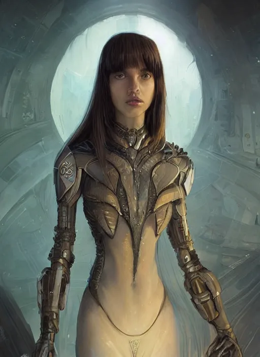 Image similar to a professional painting of a beautiful young female alien, clothed in ethereal armor, olive skin, long dark hair, beautiful bone structure, symmetrical facial features, intricate, elegant, digital painting, concept art, smooth, sharp focus, illustration, from Valerian and the City of a Thousand Planets, by Ruan Jia and Mandy Jurgens and Artgerm and William-Adolphe Bouguerea