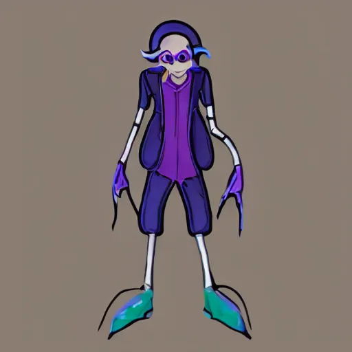 Image similar to character design sheets for a nonbinary androgynous gothic manta ray person who sells empty spray paint cans as a scam and is always covered in paint and clay and acting shady, designed by splatoon nintendo, inspired by tim shafer psychonauts 2 by double fine, cgi, professional design, gaming