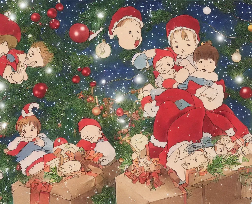 Image similar to Two twin babies in a gift box, christmas lights, very detailed, art by Studio Ghibli