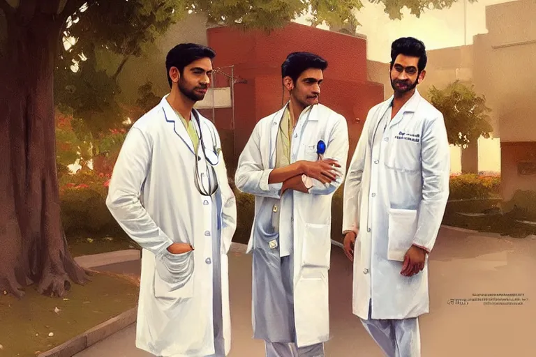 Image similar to Anxious good looking pale young Indian doctors wearing American clothes outside a hospital, portrait, elegant, intricate, digital painting, artstation, concept art, smooth, sharp focus, illustration, art by artgerm and greg rutkowski and alphonse mucha