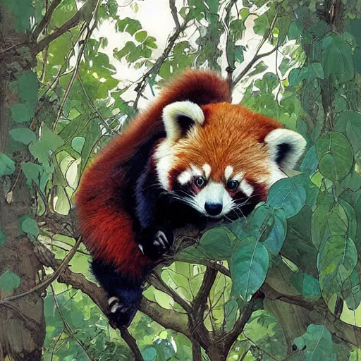 Image similar to cute red panda in a tree, digital art, hyperrealistic, greg rutkowski, alphonse mucha, beautiful