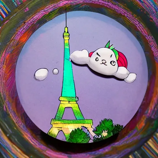 Image similar to a tiny round cat with rainbow fur and multicolored eyes underneath the Eiffel tower in paris in the style of studio ghibli, chibi, cute, adorable