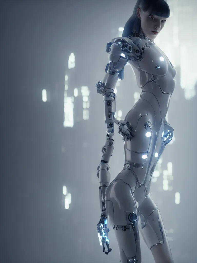 Prompt: cinematic shot of a cyborg woman with a porcelain body, perfect body, athletic, delft porcelain, led details, blade runner, ghost in the shell, futuristic, 8 k resolution, hyperdetailed, beautiful lighting, octane rendered, poser, photorealistic, exquisite details