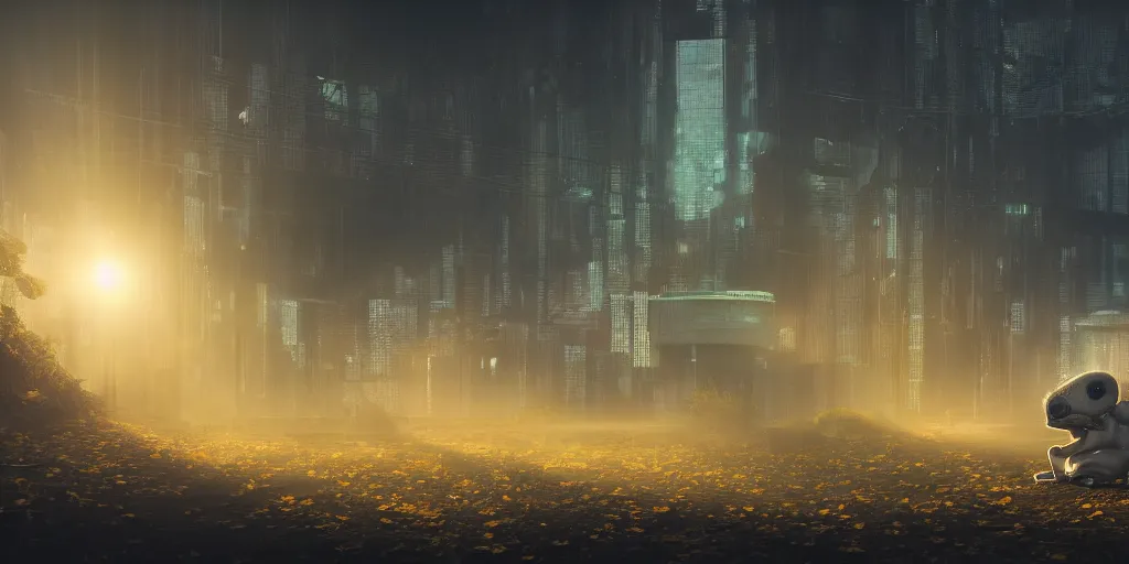 Prompt: A yellow baby rabbit, cyberpunk temple, sunset with falling leaves, Tyndall rays, low angle, light through the mist, dramatic lighting, photorealistic, cinematic lighting, high detail, cinematic feel, high octane, 4K, Unreal Engine, digital render, intricate, ultra realistic, concept art