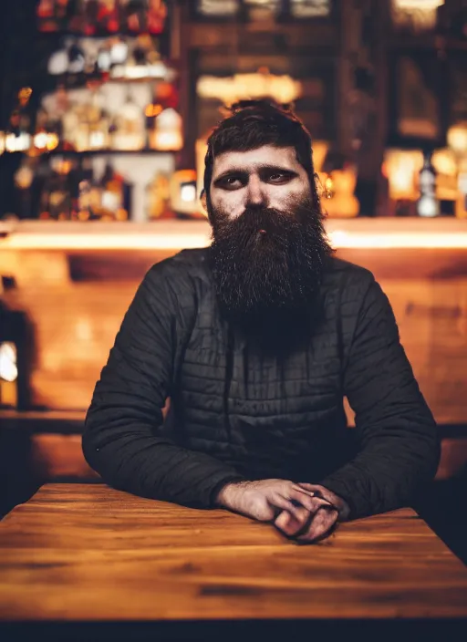 Prompt: Photography of a sad fully bearded man wearing warm clothes, and a huge travel backpack, drinking and smoking , sitting in a bar, full body shot, atmospheric lighting , wide angle lens