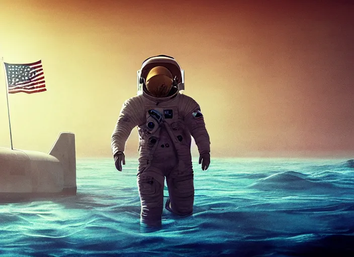 Image similar to astronaut holding a flag in an underwater desert. a submarine is visible in the distance. dark, concept art, cinematic, dramatic, atmospheric, 8 k, trending on artstation, blue, fish, low visibility, fog, ocean floor, christopher nolan, interstellar