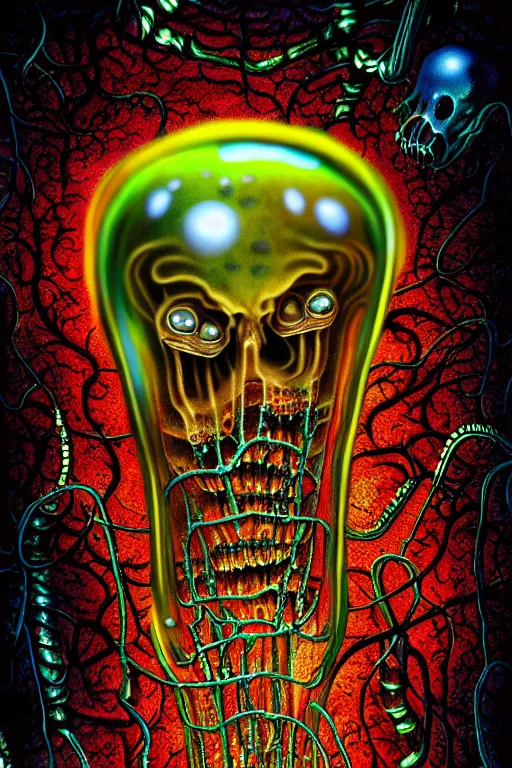 Prompt: a detailed photorealistic image of a transparent jelly nightmare zombie horror machine depth of field electronic chemistry by johfra bosschart, lisa frank, dark fantasy art, high detail, trending on artstation