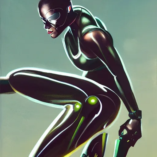 Image similar to Trinity the matrix, Female sprinter in athletic attire with cyborg legs, metal body, diesel punk, athletic footage, 1960's olympics, artstation, hyperdetailed, art deco stadium, painting by sargent