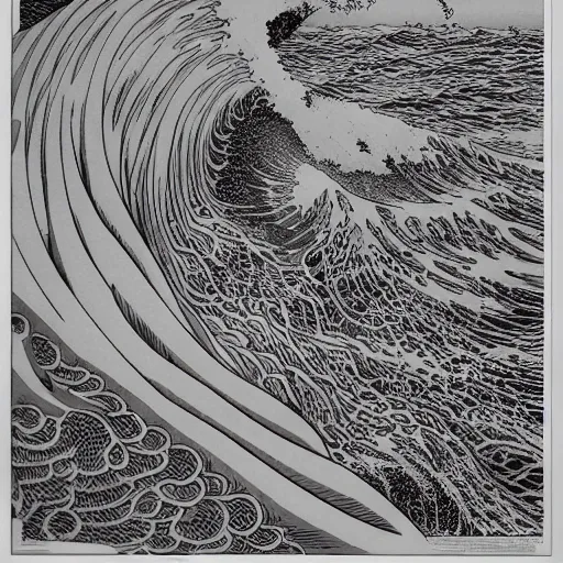 Prompt: ocean swells by Moebius, black and white, fine lines, hyper detailed, hokusai