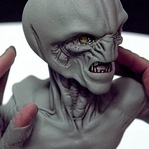Image similar to sculpting scene from the movie ghost but with an alien instead.
