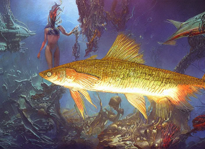 Image similar to cybernetic pike fish, glowing veins, subsurface scattering, underwater, by gerald brom, by mikhail vrubel, by peter elson, muted colors, extreme detail, trending on artstation, 8 k