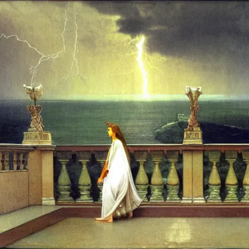 Image similar to Magician leaving the castle through the bridge, thunderstorm, beach ocean on the background major arcana sky, balustrade, by paul delaroche, alphonse mucha and arnold böcklin arnold böcklin hyperrealistic 8k, very detailed