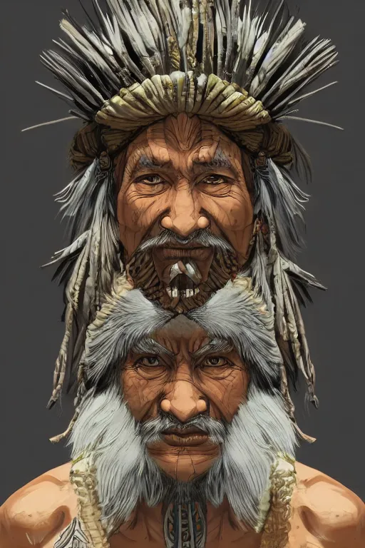 Image similar to 8K detailed illustration of a wise old shaman from the an ancient civilization indonesian in the style of Yoji Shinkawa, high resolution