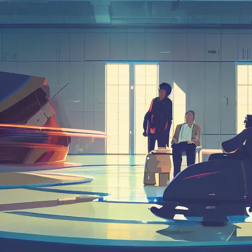 Image similar to Illustration of the secret meeting between Elon Musk, Jeff Bezos and Mark Zuckenberg to create the great simulation by Makoto Shinkai and James Gilleard