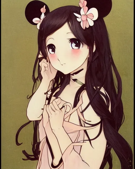 Image similar to A cute frontal painting of a very very beautiful anime skinny mousegirl with long wavy brown colored hair and small mouse ears on top of her head wearing a cute black dress and black shoes looking at the viewer, elegant, delicate, feminine, soft lines, higly detailed, smooth , pixiv art, ArtStation, artgem, art by alphonse mucha Gil Elvgren and Greg rutkowski, high quality, digital illustration, concept art, very long shot